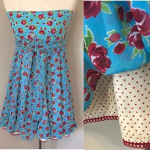 Betsey Johnson Swim Blue Red Rose Strapless Mini Dress XS-S Tie Front